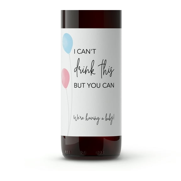 I can't drink this but you can ● SET of 5 ● GENDER NEUTRAL Pregnancy Announcement Wine Labels, Baby Reveal Wine Label, Announcement to Parents Friends Family Sticker, Alternative to card (Balloons)