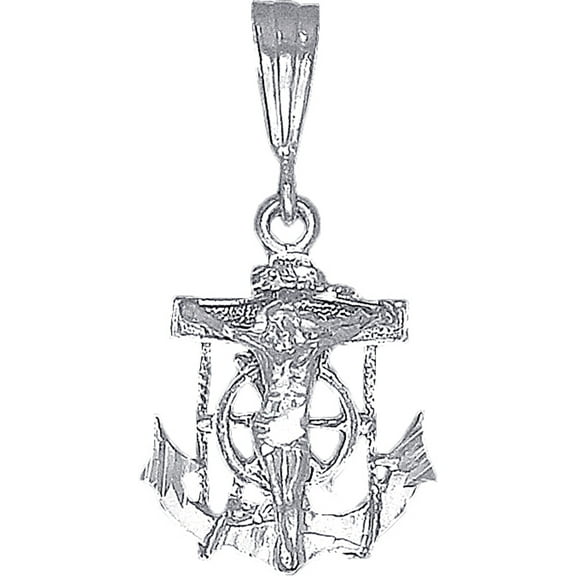 Sterling Silver Anchor Cross with Jesus Pendant Necklace with Diamond Cut Finish and 24 Inch Figaro Chain