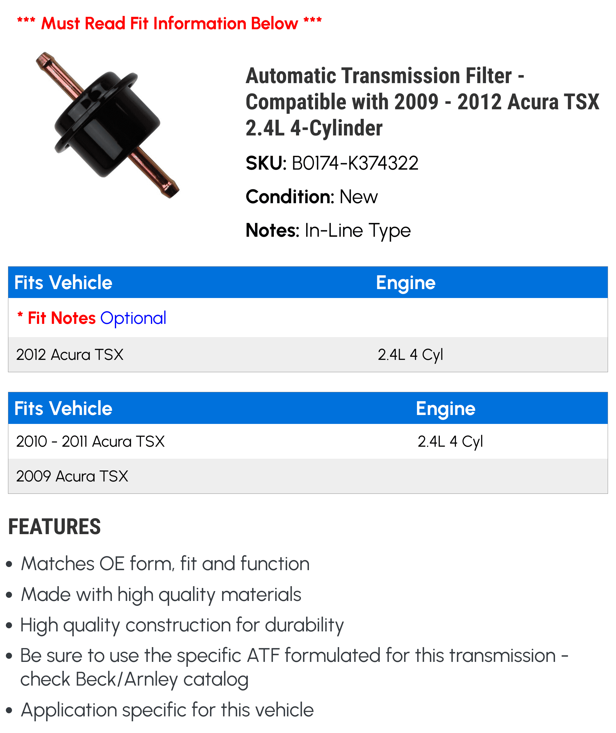 Automatic Transmission Filter - Compatible with 2009 - 2012 Acura TSX 2.4L 4-Cylinder - Beck Arnley