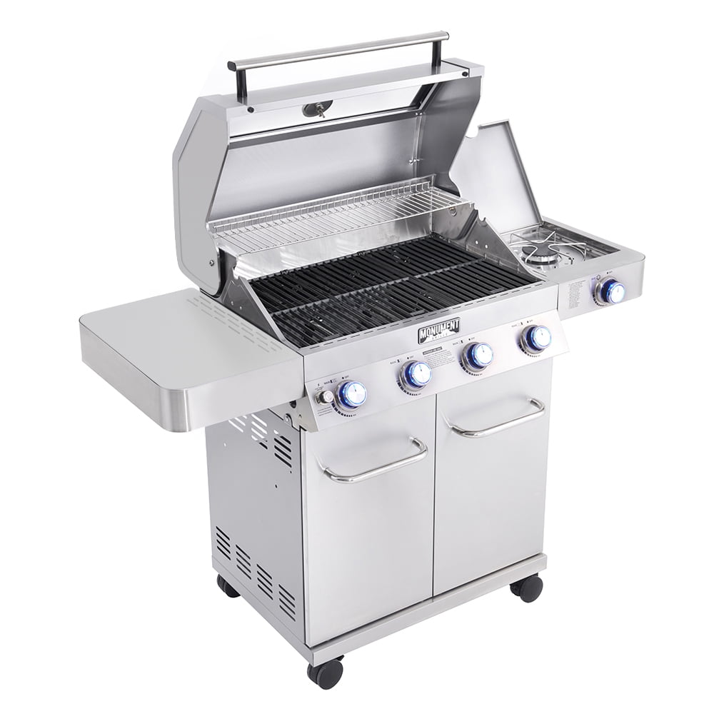 Monument Grills 4-Burner Stainless Steel Propane Gas Cabinet Grill with Clear View Lid, LED Controls, Side Burner