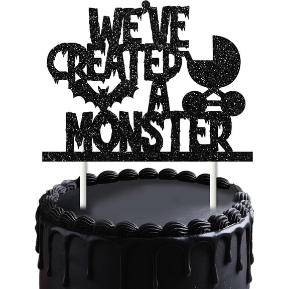 Halloween Baby Shower Cake Topper, We've Created a Monster Cake Decoration Black Glitter Carriage Bat Cakes Decor Horror Theme Gender Reveal Party Supplies For Welcoming Baby