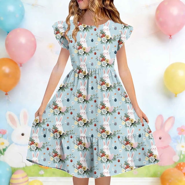 EGNMCR Robe à Manches Courtes à Col Rond Robe d'Été pour Enfants Imprimée à Manches Plissées à Double Couche pour Enfants de 5 à 14 Ans Robe