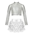 thumbnail image 5 of iiniim Kids Girls Jazz Hip Hop Modern Dance Sequins Mock Neck Long Sleeve Crop Top with Skirted Shorts Silver 6, 5 of 7
