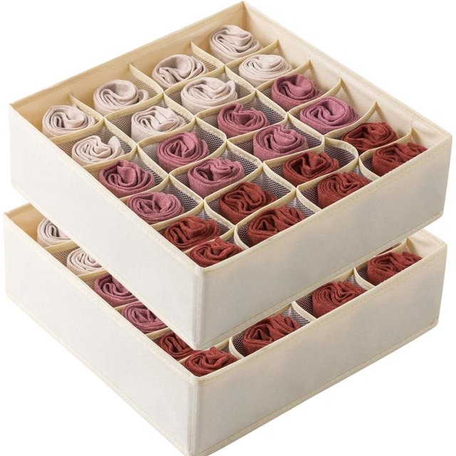 Organizador de ropa interior Tutuviw, plegable, de tela suave, para calcetines, bragas, corbatas y lencería (beige, 24 compartimentos)
