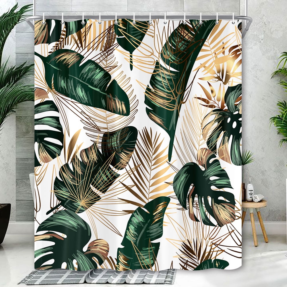 Green Tropical Jungle Leaves Shower Curtain for Bathroom,Golden Leaves Plant Shower Polyester Fabric Shower Curtains,Palm Leaf Shower Curtain Set with Hooks 72X84in