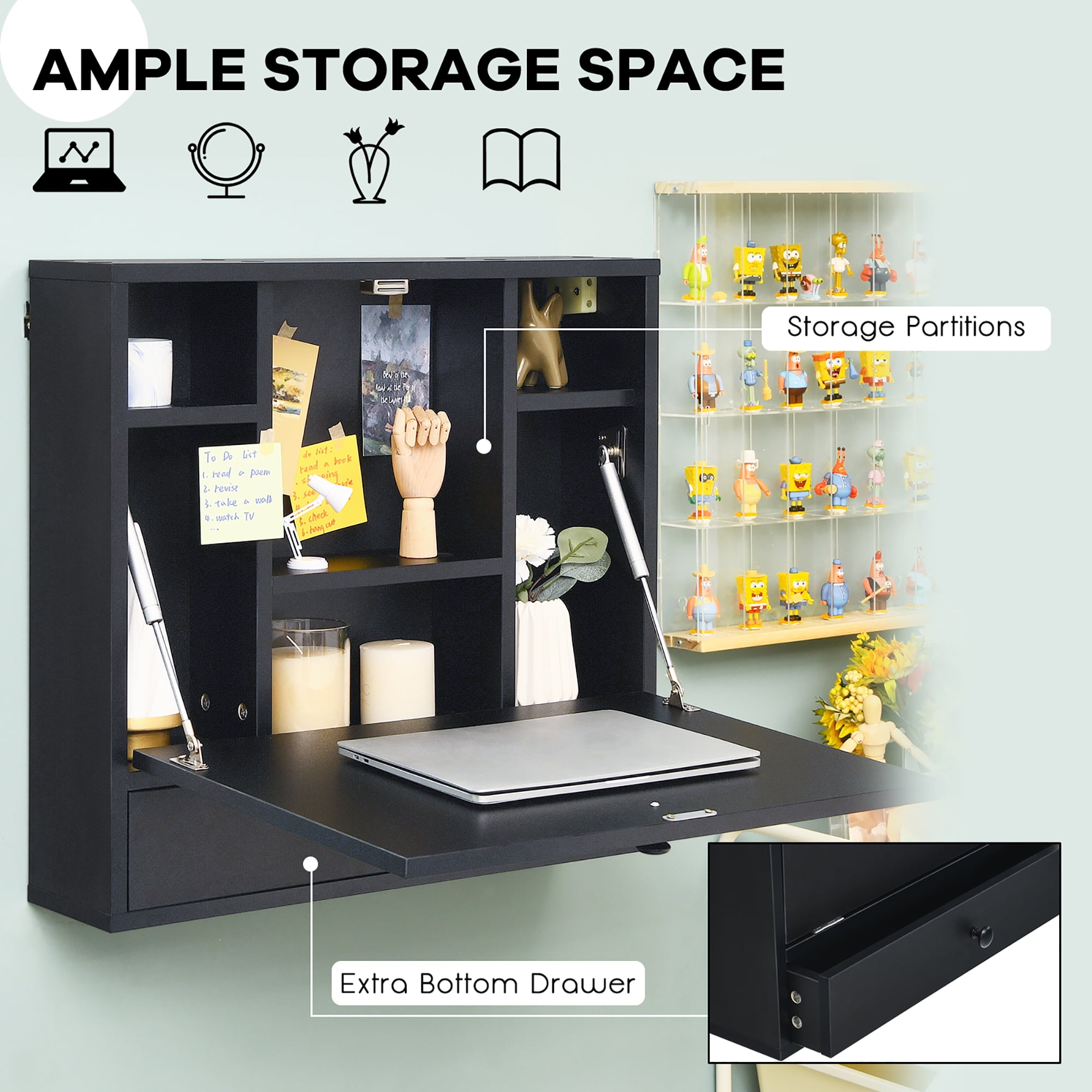 Costway Wall-Mount Floating Desk Foldable Space Saving Laptop Workstation Black