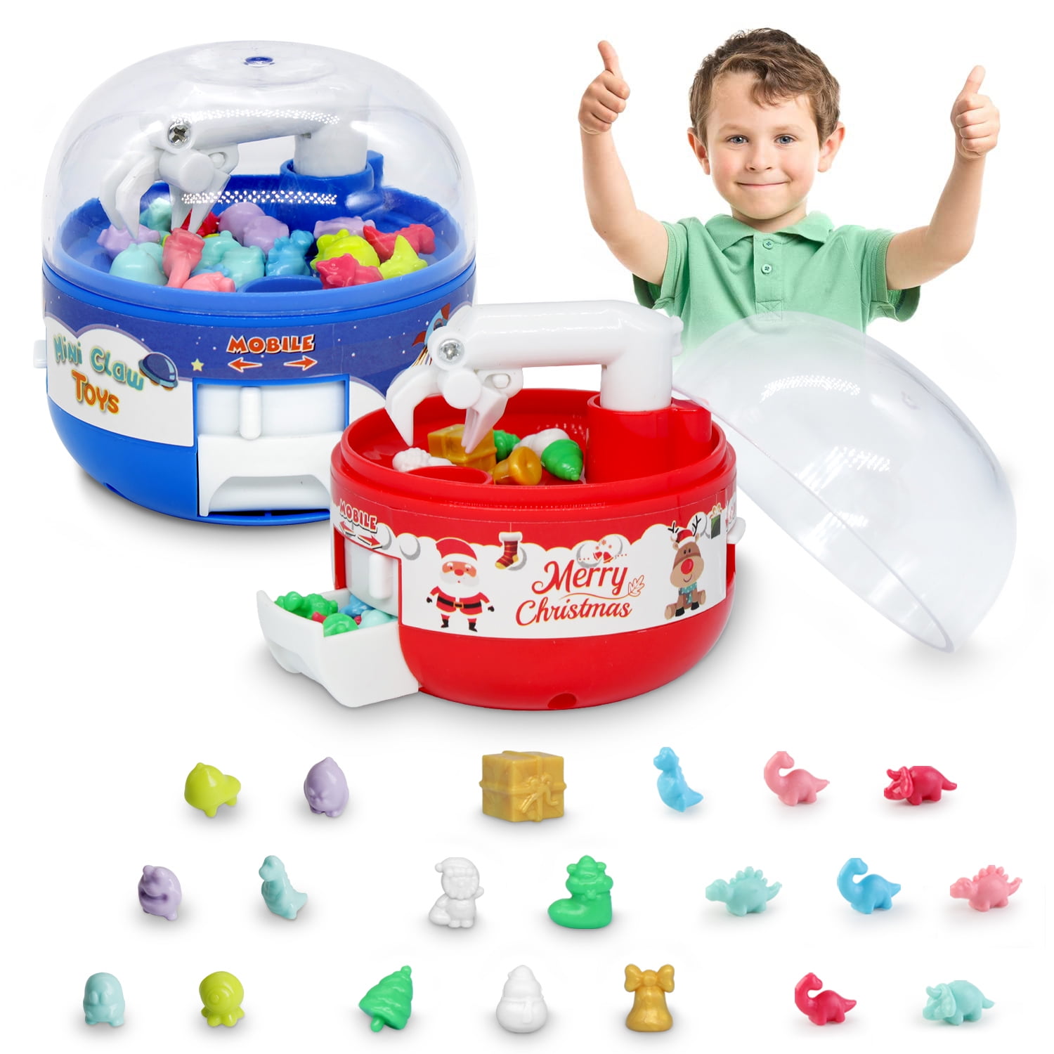 2PC Mini Claw Machine Toys for Kids Adults Dark Blue & Red with Tiny Dinosaur Figures Claw