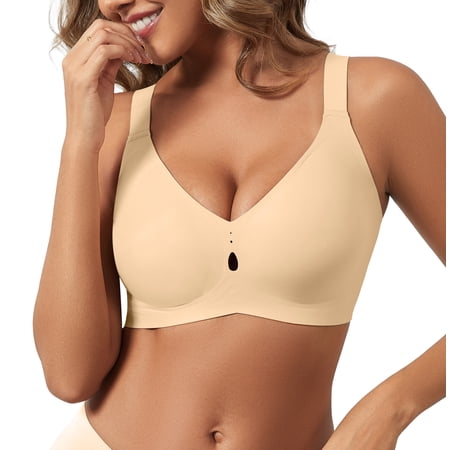Qylux Jelly Bra for Women No Underwire Seamless Push Up Bralettes Comfort Support T Shirt Bra Full Coverage Everyday Brass,Nude,L