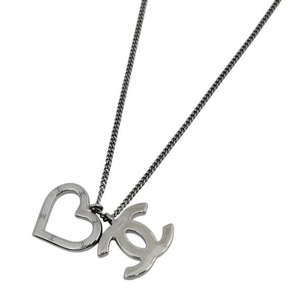 Pre-Owned Chanel Coco Mark Necklace, Heart Design, Silver Plated, Silver, Women's