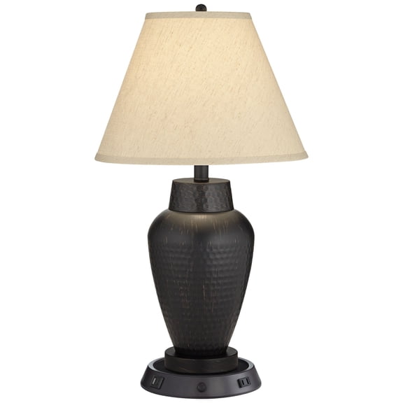 Regency Hill Auburn Rustic Farmhouse Table Lamp 25" High Bronze Hammered with Dimmable USB Workstation Base Natural Linen Empire Shade for
