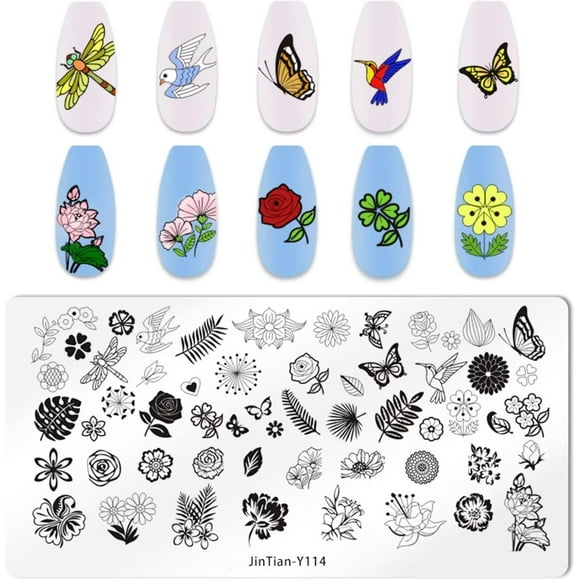 TRAHOO-RUNRAYAY Flower Nail Art Stamping Plates, Rose Butterfly Birds Fashion Print Manicure Templates Image Plate for Women and Girls DIY Printing Tools