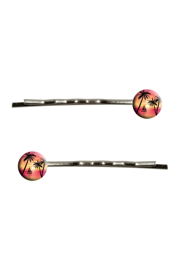 Pink and Orange Beach Sunset - Palm Trees Ocean Sail Boat Vacation Bobby Pin Hair Clips