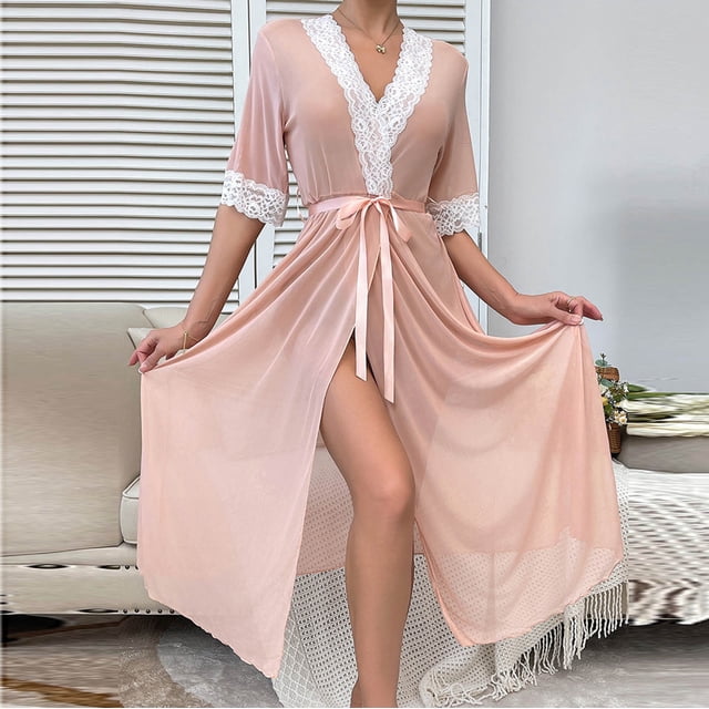 Batas de manga larga de encaje para el hogar, bata larga para dormir, camisón de color liso para mujer, bata de mujer