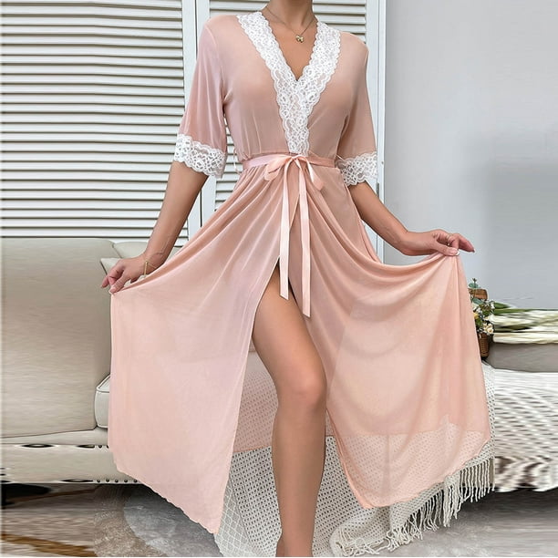 Batas de manga larga de encaje para el hogar, bata larga para dormir, camisón de color liso para mujer, bata de mujer
