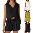 thumbnail image 4 of vigerkar Womens Two Piece Set Sleeveless V Neck Button Front Vest Drawstring High Waist Shorts Pockets Casual Bussiness Black, XL, 4 of 6