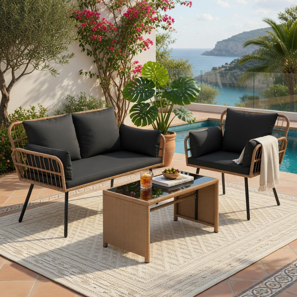 Hommoo Hommoo 2-Seat Outdoor Wicker Loveseat with Cushions, Heavy-Duty Steel Frame, PE Rattan Patio Chair for Backyard, Deck or Balcony, Black