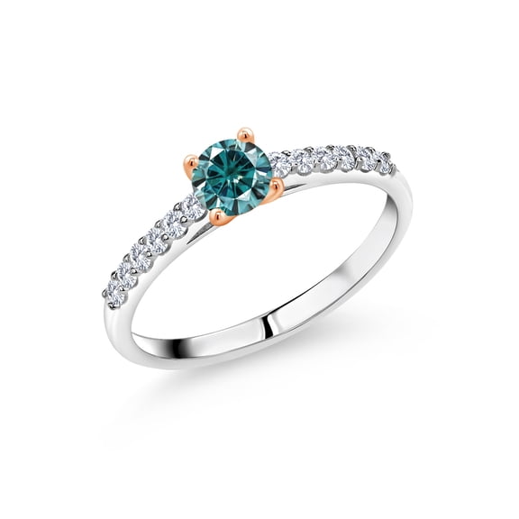 Gem Stone King 925 Sterling Silver Ring with 10K Rose Gold Prongs Blue Moissanite and Lab Grown Diamond (0.68 Cttw, Size 6)