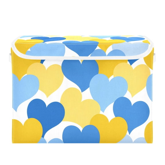 Valentine Blue Yellow Heart Pattern Foldable Storage Bins with Lids Handles Collapsible Storage Containers Tote Boxes 16.5 x 12.6 x 11.8 inches