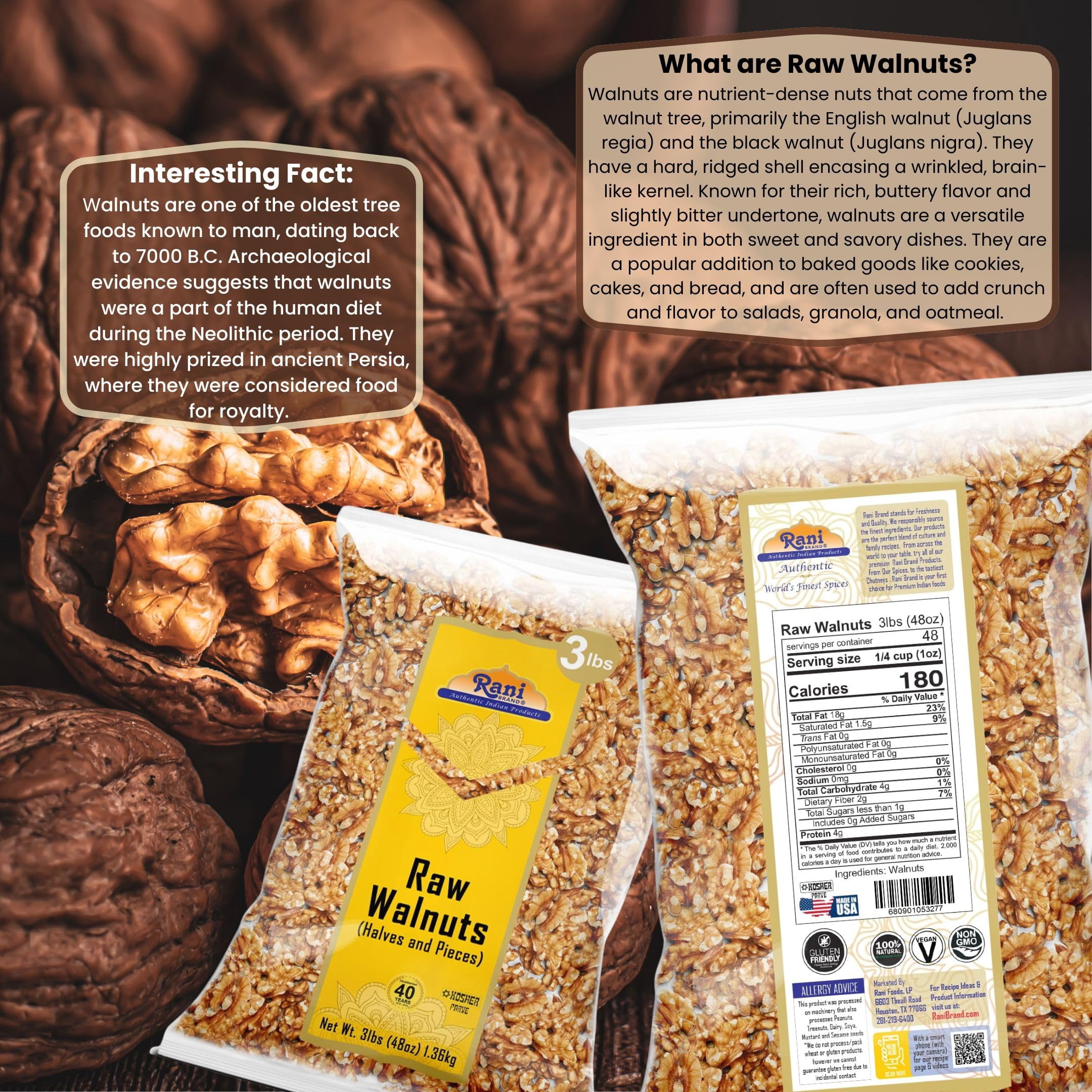 Rani Raw Walnuts, Halves and Pieces 48oz (3lbs) 1.36kg ~ All Natural | Vegan | Kosher | Gluten Friendly | Fresh