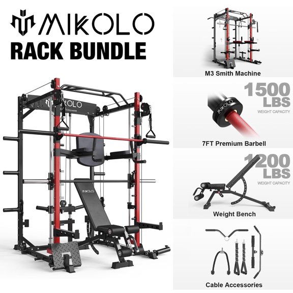 Mikolo Smith Machine Home Gym, 2200lbs Power Rack with Weight Bench,Barbell and 230LBS Plates, Training Equipment with LAT-Pull Down System & Functional Trainer