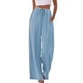 thumbnail image 2 of Wide Leg Pants for Women Drawstring Elastic Waist Trousers with Pockets Summer Vacation Clothes Light Blue XXL, 2 of 9