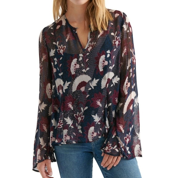 Lucky Brand Womens Printed Peasant Blouse, Black, Medium