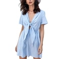 thumbnail image 1 of Vestido con cuello en V profundo, agradable para la piel, manga corta, lazo, tiras en la parte delantera, elástico en el pecho, cintura media, vestido de línea A, 1 of 8