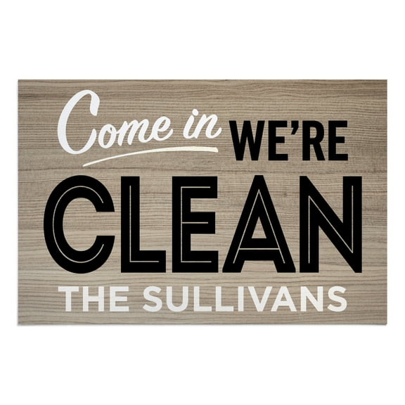 Personalized Planet 27x18 Come In We're Clean COVID Humor Doormat with Custom Family Name Printed on Taupe Rectangular 1/8” Thick Non Slip Mat for Kitchen Hallway Deck or Porch