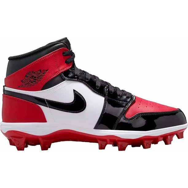 A i r-Jor-dan 1 Mid TD 'Bred Toe' Football Cleats Gym Red Black Patent FJ6805-601