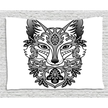 Fox Tapestry, Ornamental Fox Face with Tree Leaves Oval Shapes Dots Floral Curves Art Print, Wall Hanging for Bedroom Living Room Dorm Decor, 60W X 40L Inches, Grey Black White, by