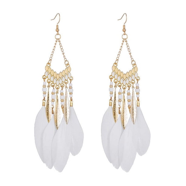 Mujeres Boho largo de plumas de borlas pendientes de joyería de la vendimia de perlas cuelgan pendientes colgantes