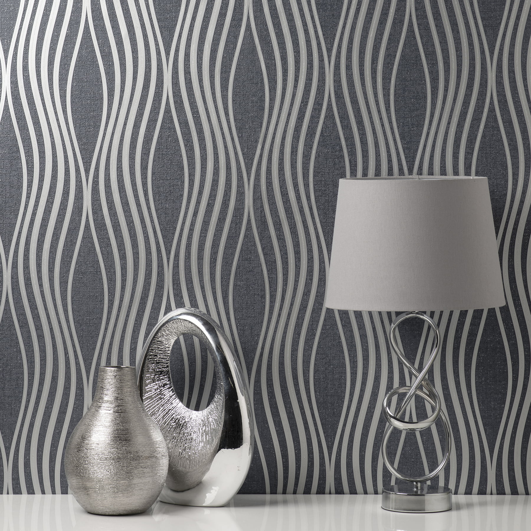 Quartz Light Grey and Silver Wave Wallpaper Modern Design by Fine Decor FD42567 