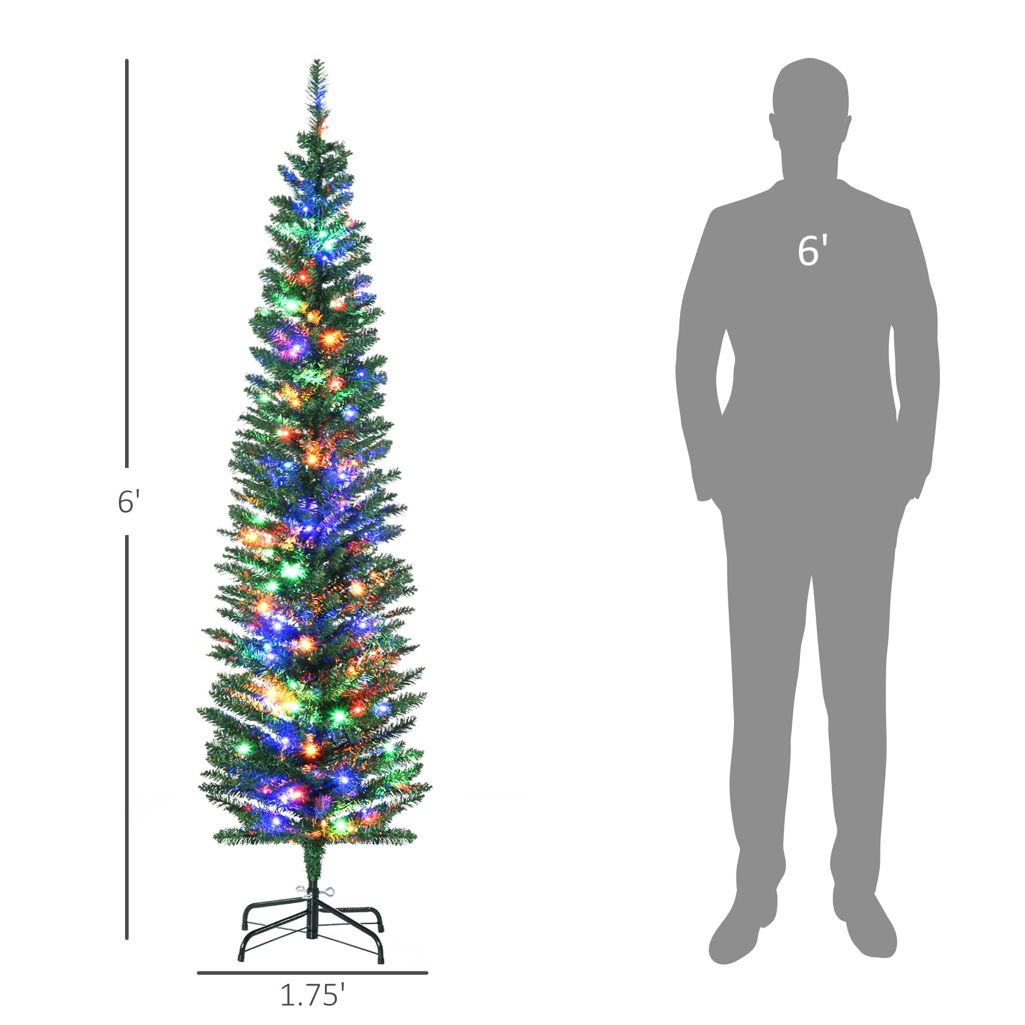 6FT Green Slim Pencil Artificial Christmas Tree, 390 Tips with Pine Cones 150 Multi-Colored LEDs, Hinge Section Design, Flame Retardant Steel Base, Indoor Holiday Decor