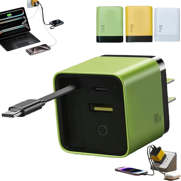 3 in 1 Charger Retractable 80W Max Fast Charging Station with Type-C & USB Ports, Foldable Wall Plug for iPhone, Samsung, iPad, MacBook, Home Travel Essential