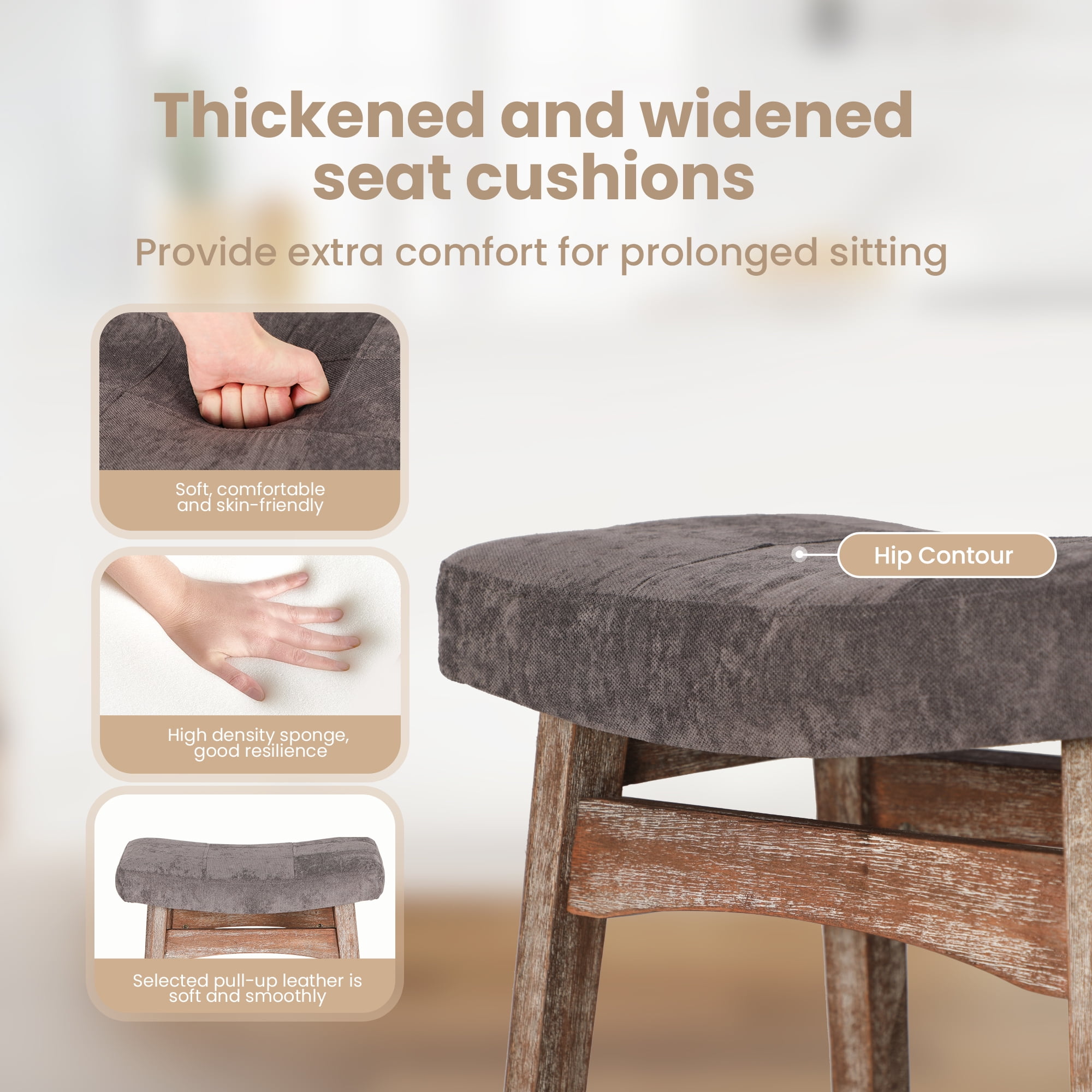 Summit Living 24 inch Wooden Counter Stool Set of 4, Backless Saddle Linen Bar Stool for Kitchen, Gray