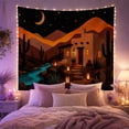 thumbnail image 2 of Adobe House by a Turquoise River Under a Crescent Moon, Peaceful Illustration for Art Lovers, Desert Art, Housewarming Gift, Tapestry Wall Hanging for Bedroom and Living Room, 2 of 7