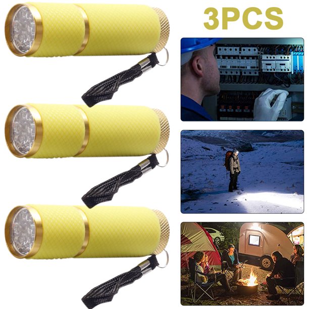 3 minilinternas de 9 LED para acampar, linternas de aleación de aluminio impermeables (amarillas)