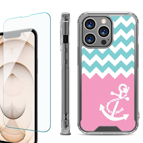 Shockproof Bumper Phone Case for iPhone 13 Pro Max, with Tempered Glass Screen Protector, by OneToughShield ® - Chevron/Anchor