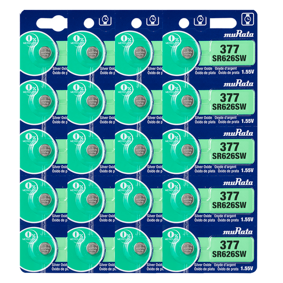 Murata 377 SR626SW Battery 1.55V Silver Oxide Watch Button Cell - Replaces Sony 377 (20 Batteries)