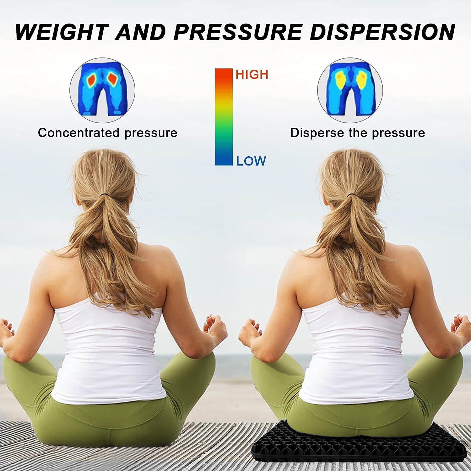 WEPSEN Gel Seat Cushion, Cooling seat Cushion Thick Big Breathable Honeycomb Design Absorbs Pressure Points Seat Cushion with Non-Slip Cover Gel Cushion for Office Chair Home Cars Wheelchair