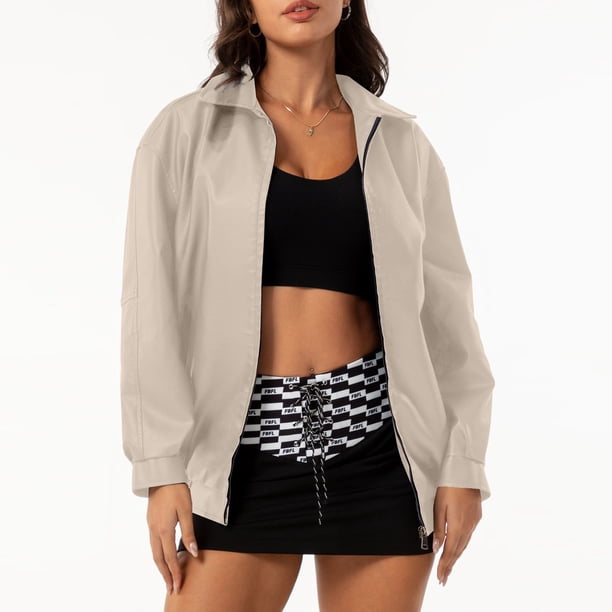 Chaquetas y abrigos de piel sintética de manga larga sin capucha para mujer, de moda, de color liso, con cuello vuelto, cremallera, capucha y sin bolsillo, chaqueta de piel para mujer, parte superior