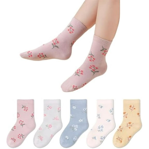 5 Pairs Toddler Girl Kids Socks, Cute Flower Soft Cotton Crew Socks, 1~12Years