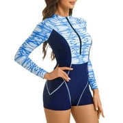 OBEEII Women Long Sleeve Boyleg Full Body Swimwears Fashion Printed Swimming Suits Plus Size Swimsuits UPF50+ Athletic Wetsuit, Blue Size XL