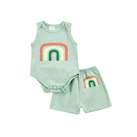 

Nokpsedcb Infant Baby Boy Girl Summer 2PCS Jumpsuit Sleeveless Rainbow Printed Envelope Neck Snap Romper Shorts Green 3-6 Months