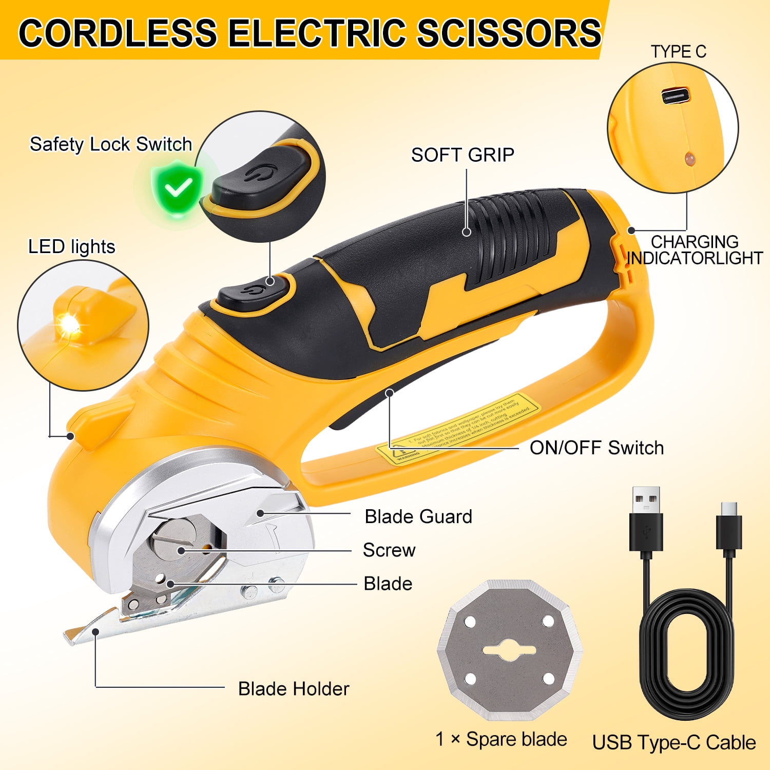 HORMY Cordless Electric Scissors with Blade, 3.6V Super Scissors Rechargeable with Safety Lock, for Cardboard Cutting Fabric Paper Sewing, Yellow