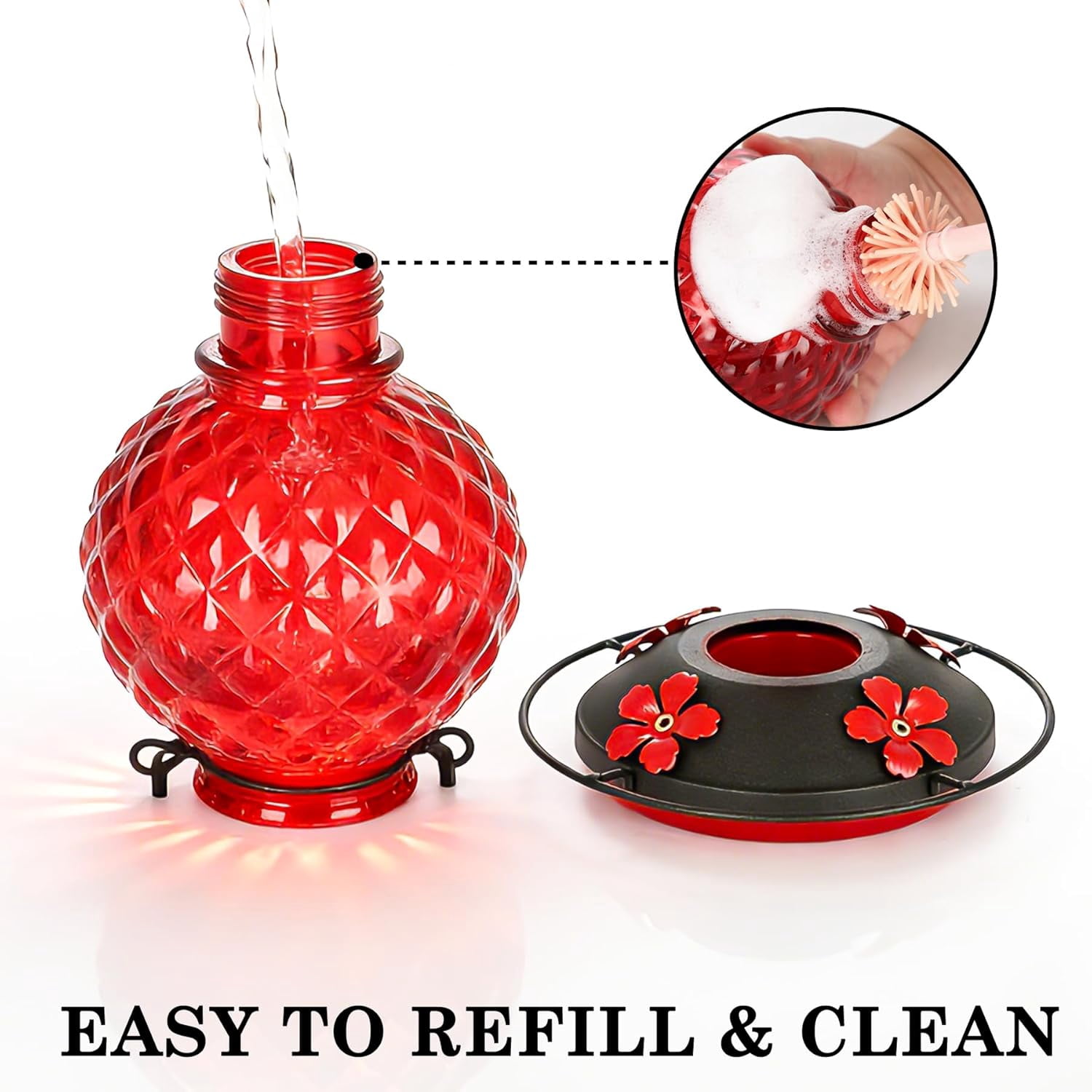 25 OZ Glass Hummingbird Feeder for Outdoors Hanging, Humming Bird Nectar Feeder with Ant Moat, 4 Bee-Proof Feeding Ports, 360° Perch, Leak-Proof, Gifts for Women Mom, Red