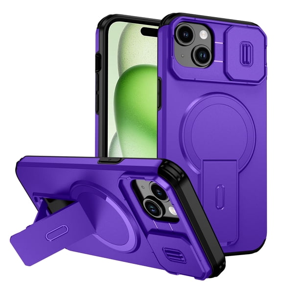 Sanwo for iPhone 15 Magnetic Case with Slide Lens Cover and Hidden Kicktand, PC TPU Shockproof, Wireless Charging Compatible,Purple