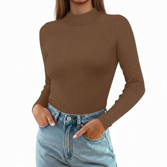 UTSJKR Mock Turtle Necks Tops for Women Long Sleeve Ribbed Shirts Thermal Slim Fit Lightweight Undershirts Brown S