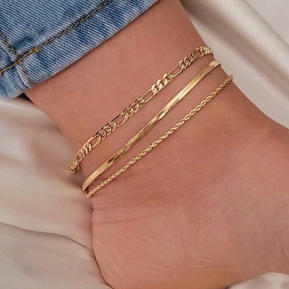 Ankle Bracelets for Women Waterproof - 14K Gold Plated Non Tarnish Layered Cuban Link Chain Rope Figaro Herringbone Anklets Set Plus Size Anklet Summer Foot Jewelry Gift Adjustable 8-12 Inch