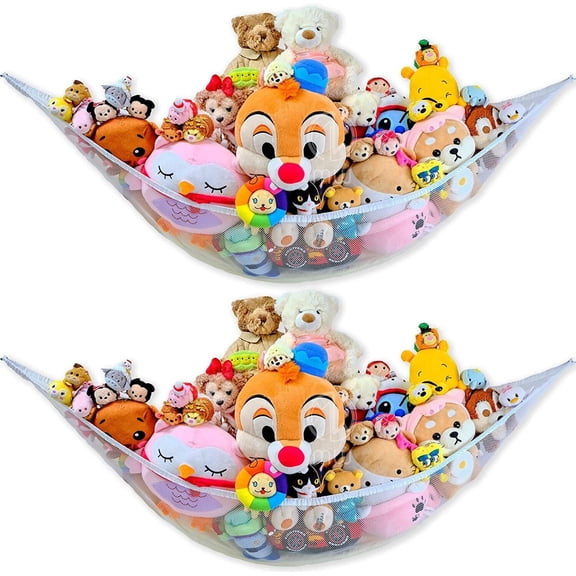 Stuffed Animal Storage Hammock Set of 2, Corner Hanging Stuffed Animal Net Organizer, Stuffed Animals Toy Storage for Room & Bedroom Decor (White)